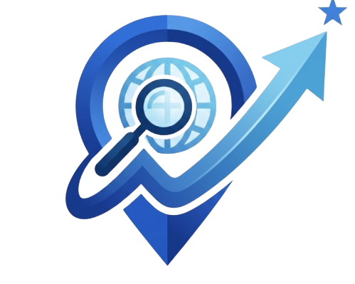 Logo representing search engine optimization & search engine marketing, featuring a magnifying glass and upward arrow symbolizing growth and visibility.